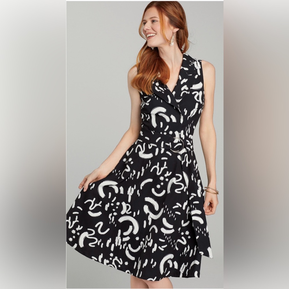 Tahari size 10, black and white graphic prints, sleeveless collared belted dress
